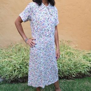 30s day dress vintage art deco floral novelty print tie bow collar cotton 1930s